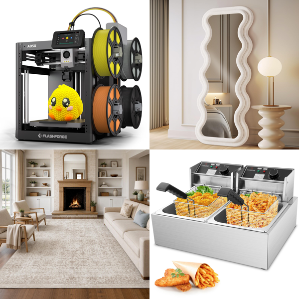 Source photograph for Pallet – Mixed Goods – 3D Printer, Rugs, Mirror, Deep Fryer, Dog Ramp, Booster Pump