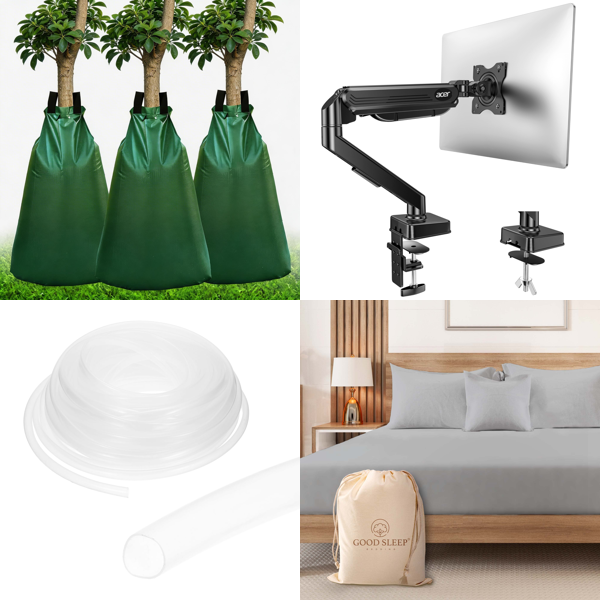 Source photograph for Pallet – Mixed Goods – Tree Watering Bags, Heat Shrink Tubes, Monitor Arms, Fitted Sheets, Ventilation Fans, Storage Baskets