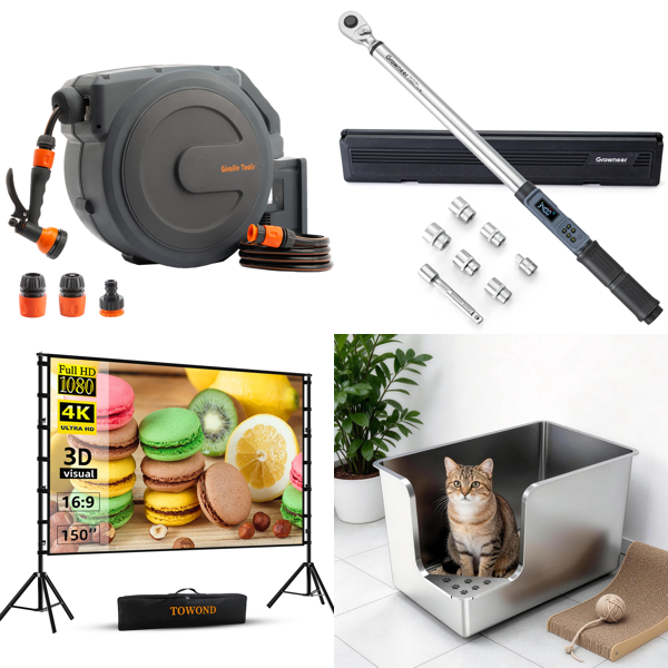 Source photograph for Pallet – Mixed Home & Garden Goods – Garden Hose Reel, Projector Screen, Torque Wrench, Bathroom Mirror