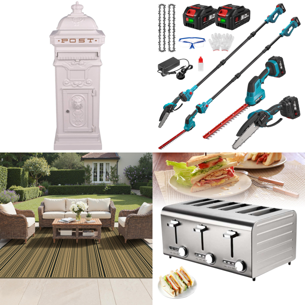 Source photograph for Pallet – Mixed Goods – Mail Box, Outdoor Rug, Hedge Trimmer, Toaster, Projector Screens