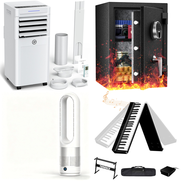 Source photograph for Pallet – Mixed Equipment – Portable Air Conditioner, Cooling Fan, Fireproof Safe, Folding Piano Keyboard