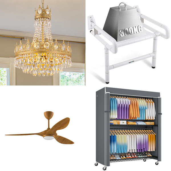 Source photograph for Pallet – Mixed Home Equipment – Lighting Fixtures, Ceiling Fan, Vacuum Cleaner, Drywall Sander, Garden Hose Reel