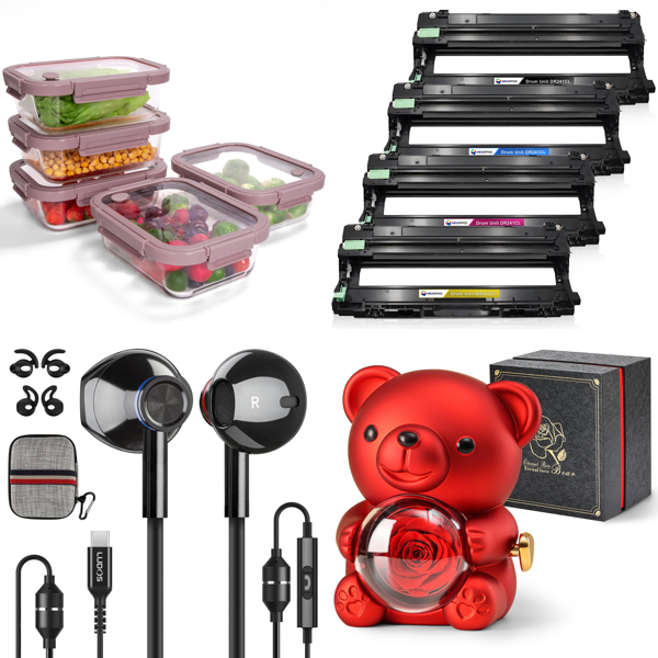 Source photograph for Pallet – Mixed Home Goods – Meal Prep Containers, Headphones, Printer Drums, Lighting, Curtains