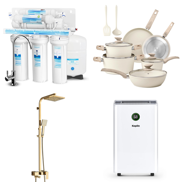 Source photograph for Pallet – Mixed Homeware – Water Filters, Shower Systems, Cookware, Dehumidifiers, Fans