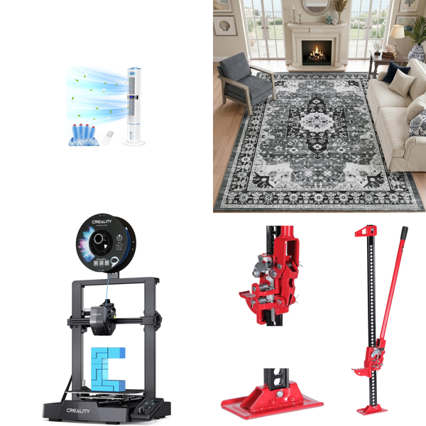 Source photograph for Pallet – Mixed Goods – Portable Air Conditioner, 3D Printer, Rugs, Farm Jack, Artificial Olive Trees