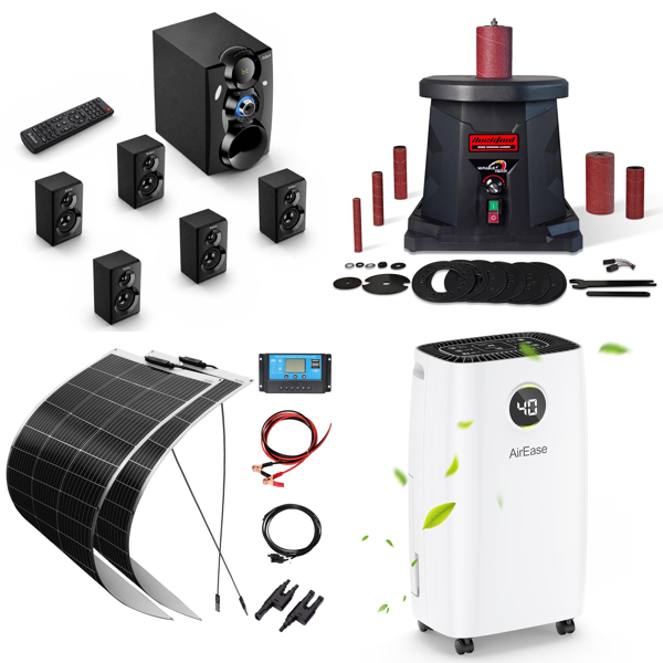 Source photograph for Pallet – Mixed Electronics & Tools – Sound Systems, Solar Panels, Dehumidifiers, TVs, Transport Trolleys