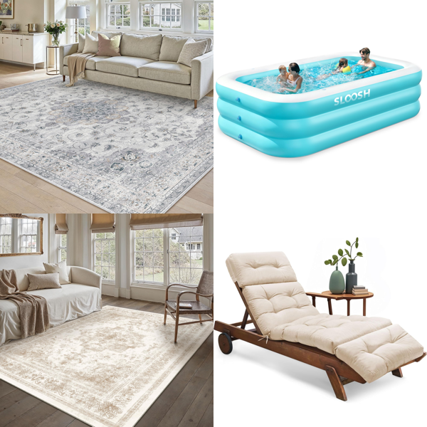 Source photograph for Pallet – Mixed Home Goods – Rugs, Inflatable Pools, Sun Lounger Cushions, Lighting