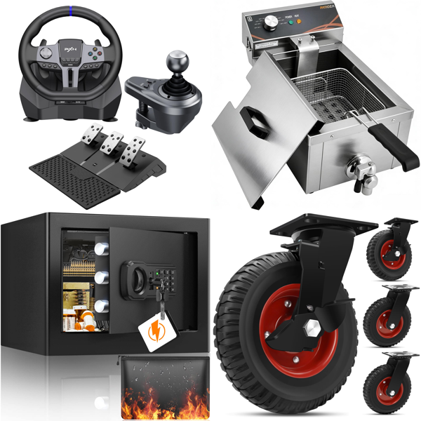 Source photograph for Pallet – Mixed Household & Professional Goods – Racing Wheel, Fireproof Safe, Deep Fryer, Audio Mixer