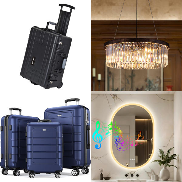 Source photograph for Pallet – Mixed Home & Garden Goods – Luggage, Chandeliers, LED Mirror, Slush Machine, Air Fryer