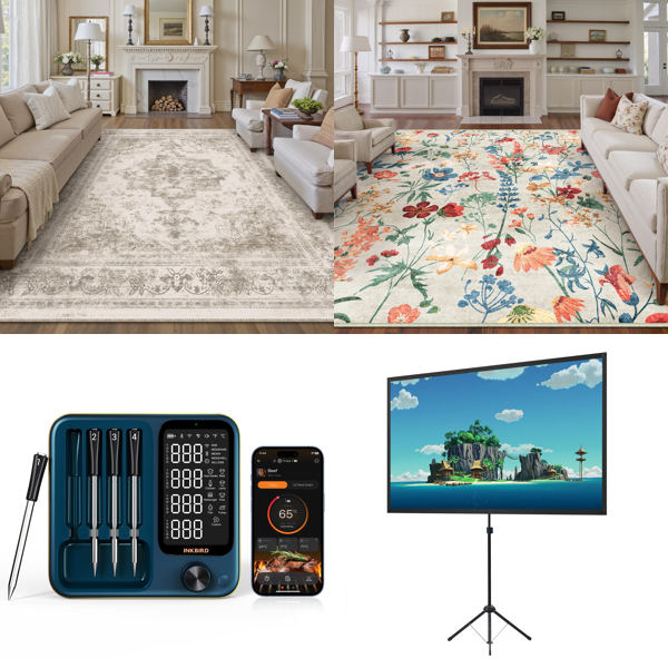 Source photograph for Pallet – Mixed Goods – Rugs, Meat Thermometers, Projector Screens, Ladders, Solar Panel Cleaning Kits