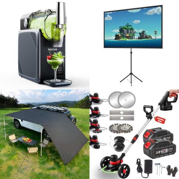 Source photograph for Pallet – Mixed Goods – Slushie Machine, Car Awning, Projector Screen, Cordless Strimmer, Roller Blinds