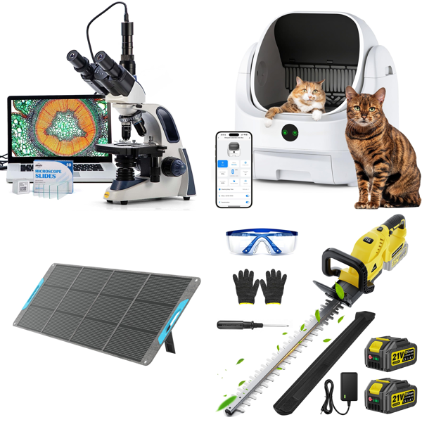 Source photograph for Pallet – Mixed Appliances – Microscope, Solar Panel, Dehumidifier, Hedge Trimmer, Speakers, Food Processor