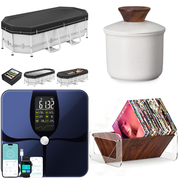 Source photograph for Pallet – Pool Equipment & Homeware – Pool Covers, Smart Scales, Butter Keepers, Vinyl Record Storage