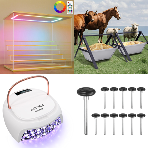 Source photograph for Pallet – Mixed Goods – Display Cases, Nail Lamps, Feed Troughs, Garage Door Rollers, Picture Frames, Kitchen Organizers