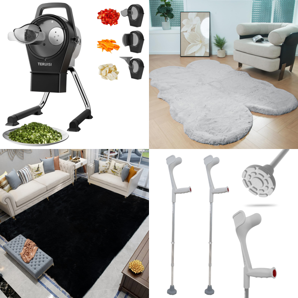 Source photograph for Pallet – Home Goods – Electric Chopper, Decorative Rugs, Forearm Crutches, Door Sweeps
