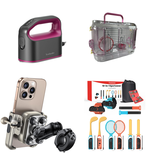 Source photograph for Pallet – Mixed Goods – Steam Irons, Phone Holders, Hamster Cages, Nintendo Switch Accessories