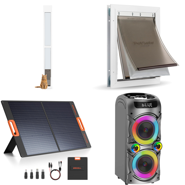 Source photograph for Pallet – Mixed Goods – Pet Doors, Solar Panels, Bluetooth Speakers, Bass Guitar Cases, Vases, Picture Frames