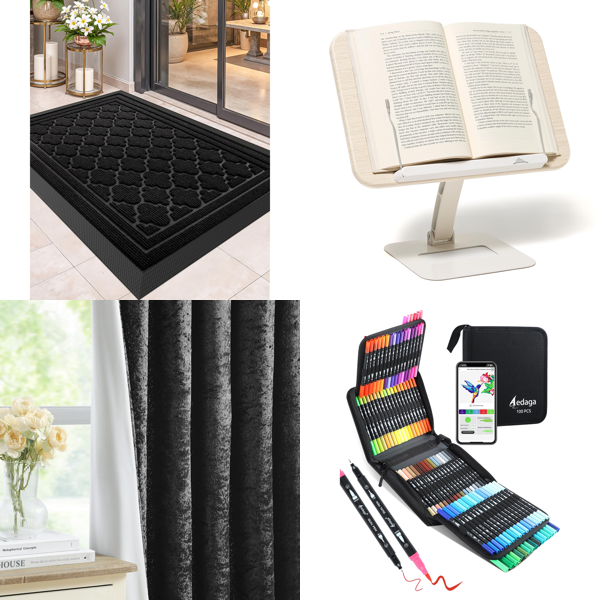 Source photograph for Pallet – Mixed Home & Garden Goods – Black Door Mats, Blackout Curtains, Book Stand, Brush Pens, Glass Teapot