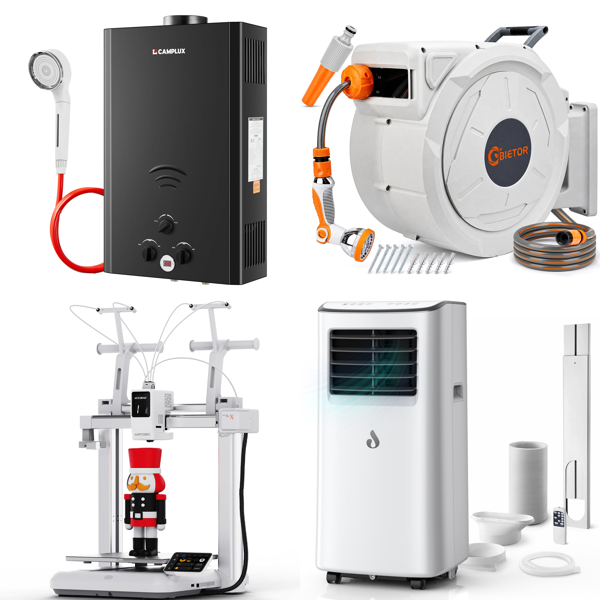 Source photograph for Pallet – Mixed Equipment – Gas Water Heater, 3D Printer, Garden Hose Reel, Portable Air Conditioner
