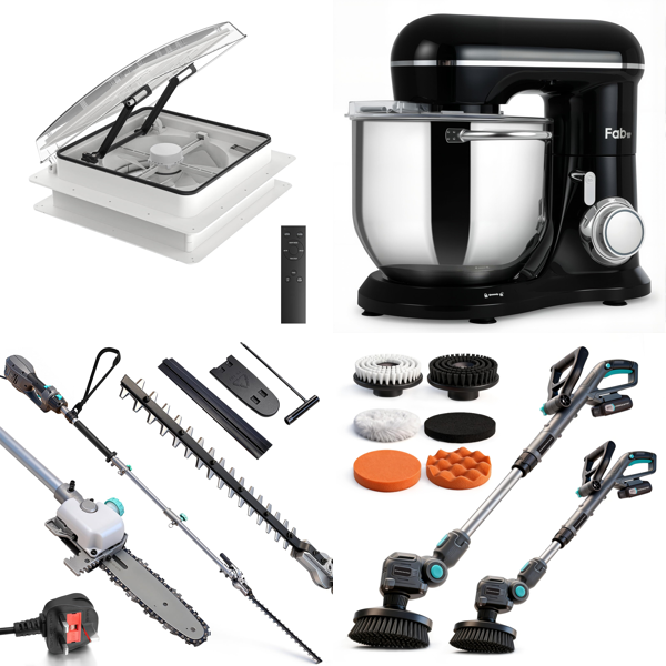 Source photograph for Pallet – Mixed Home & Garden Goods – Roof Fan, Hedge Trimmer, Stand Mixer, Aquarium, Ceiling Fan