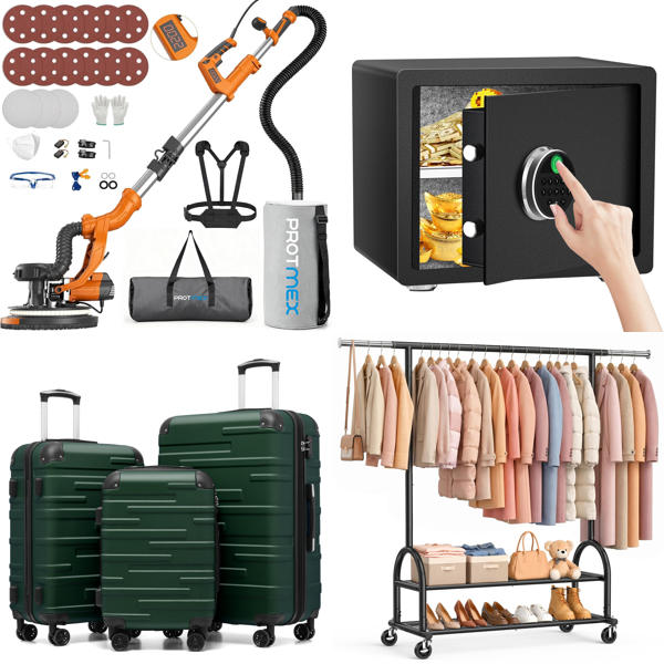 Source photograph for Pallet – Mixed Goods – Sanders, Suitcases, Safes, Clothing Racks, Ceiling Fans, Sleeping Bags