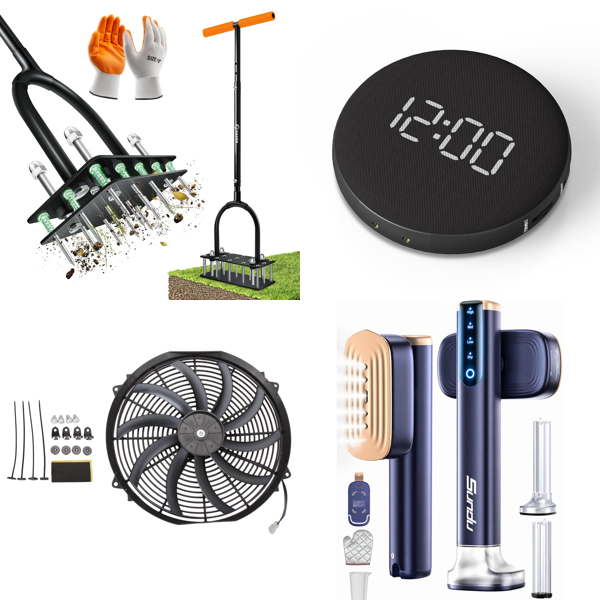 Source photograph for Pallet – Mixed Goods – Lawn Aerator, Cooling Fan, Alarm Clock, Travel Fan, Garment Steamer