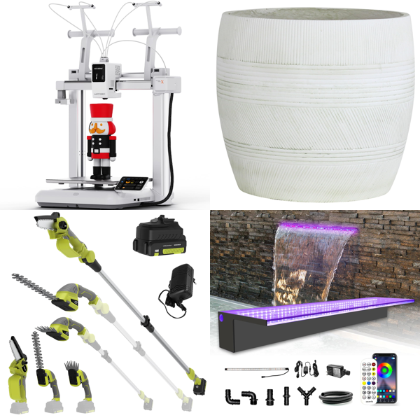 Source photograph for Pallet – Mixed Home & Garden Goods – 3D Printer, Hedge Trimmer, Planter, Mattress, Lighting