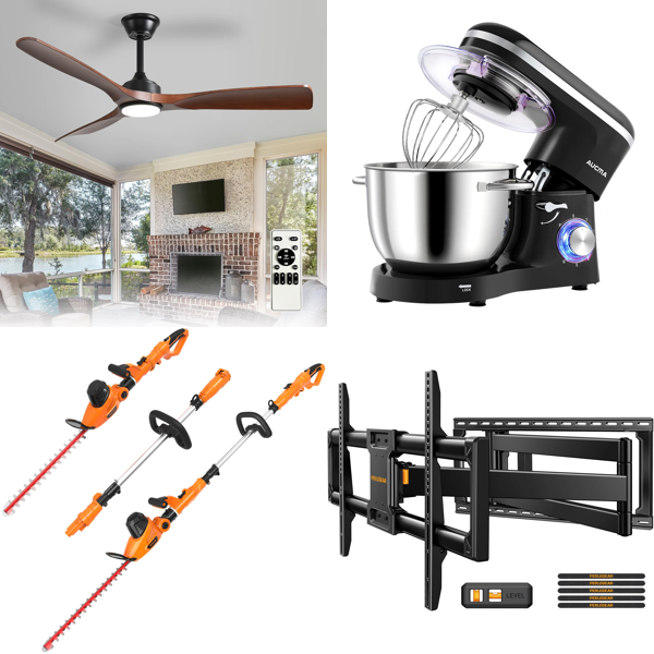 Source photograph for Pallet – Mixed Home & Garden Products – Ceiling Fan, Hedge Trimmer, Stand Mixer, TV Wall Bracket