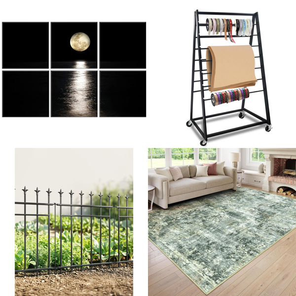 Source photograph for Pallet – Mixed Home Goods – Acoustic Panels, Garden Fencing, Ribbon Organizer, Rug, Frying Pan