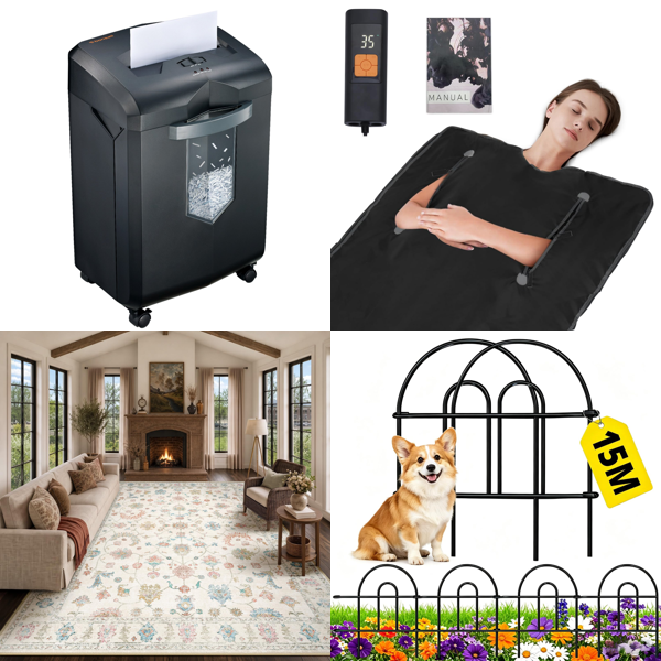 Source photograph for Pallet – Mixed Home & Garden Goods – Paper Shredder, Rug, Sauna Blanket, Fence Panels, Backpack, Glass Containers, Toilet Seats