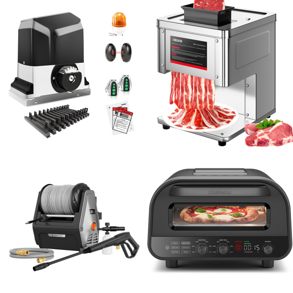 Source photograph for Pallet – Mixed Goods – Sliding Gate Opener, Pressure Washer, Meat Slicer, Pizza Oven, Cat Tree