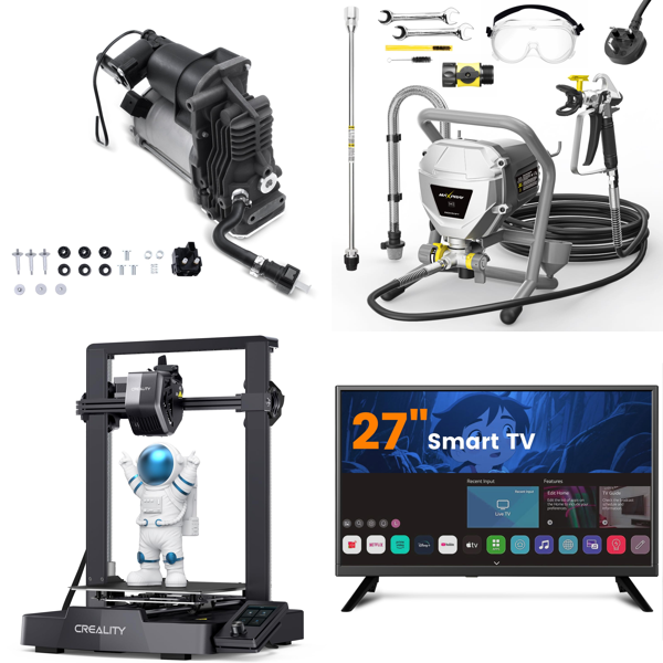 Source photograph for Pallet – Mixed Goods – Compressors, 3D Printers, Paint Sprayers, Televisions, Dryers, Decorations, Rugs