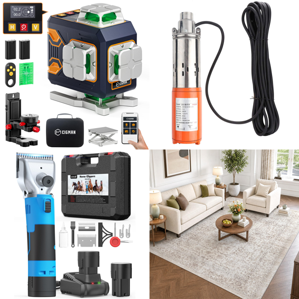 Source photograph for Pallet – Mixed Home & Garden Goods – Laser Levels, Clippers, Submersible Pumps, Kitchen Appliances