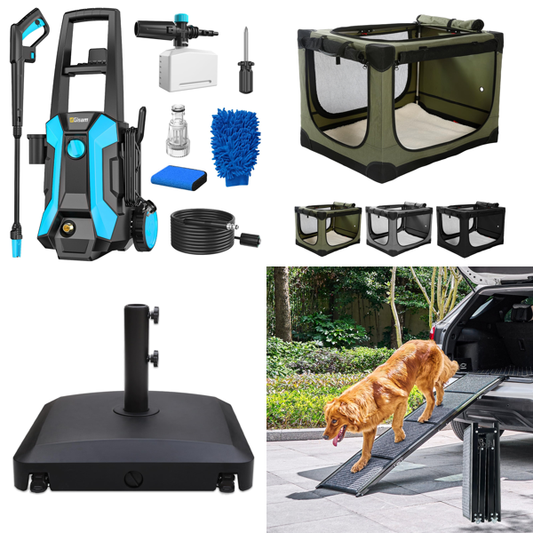 Source photograph for Pallet – Mixed Goods – Pressure Washers, Dog Crates, Dog Ramps, Suitcases, Hedge Trimmers