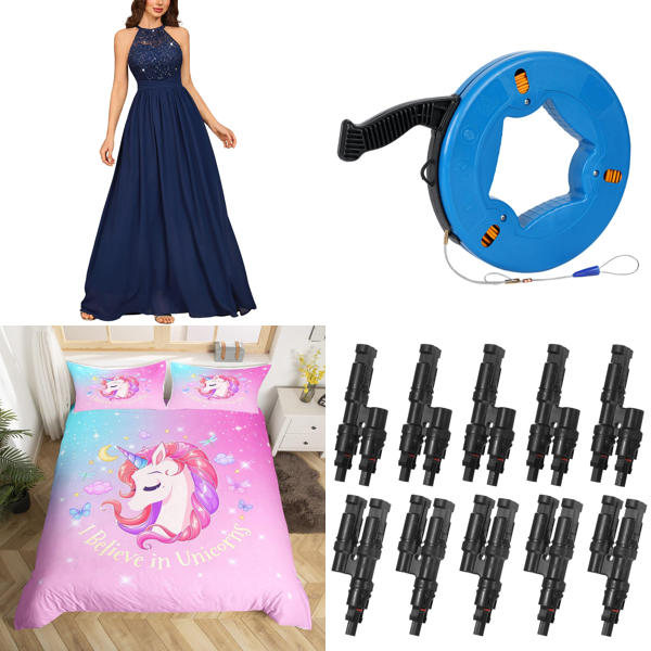 Source photograph for Pallet – Mixed Goods – Dresses, Bedding, Electrical Installation Tools, Solar Connectors, Decorations