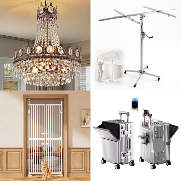 Source photograph for Pallet – Mixed Home & Leisure Goods – Chandelier, Pet Gate, Suitcase, Bathroom Mirror, Air Fryer