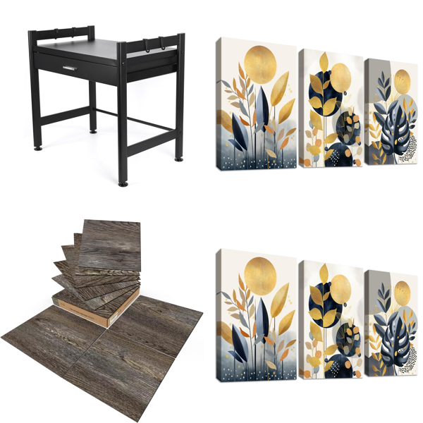 Source photograph for Pallet – Home Interior – Kitchen Shelves, Peel-and-Stick Floor Tiles, Framed Botanical Wall Art