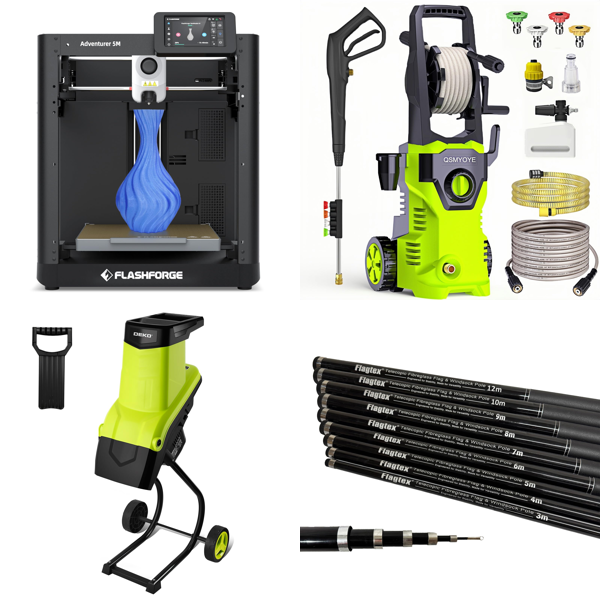 Source photograph for Pallet – Mixed Goods – 3D Printers, Garden Shredders, Pressure Washers, Fans, Folding Wagons
