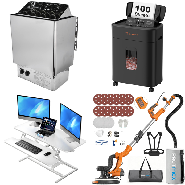 Source photograph for Pallet – Mixed Equipment – Sauna Heaters, Desk Converters, Paper Shredders, Wall Sanders, Chandeliers, Air Fryers
