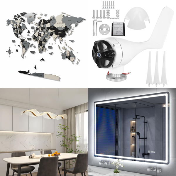 Source photograph for Pallet – Mixed Goods – Wall Decor, Lighting, Wind Turbine, Bathroom Mirror, Rugs