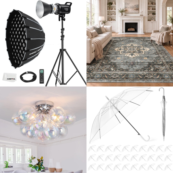 Source photograph for Pallet – Mixed Home & Garden Goods – LED Lights, Rugs, Chandeliers, Umbrellas, Geocell Grids