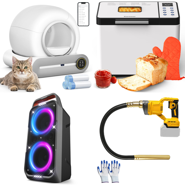 Source photograph for Pallet – Mixed Household Goods – Cat Litter Tray, Bluetooth Speaker, Bread Maker, Mirrors, Welding Machine