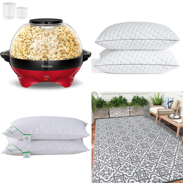 Source photograph for Pallet – Mixed Goods – Popcorn Maker, Pillows, Outdoor Rug, Women's Dress, Headphones, Motorcycle Parts, Heated Travel Mug