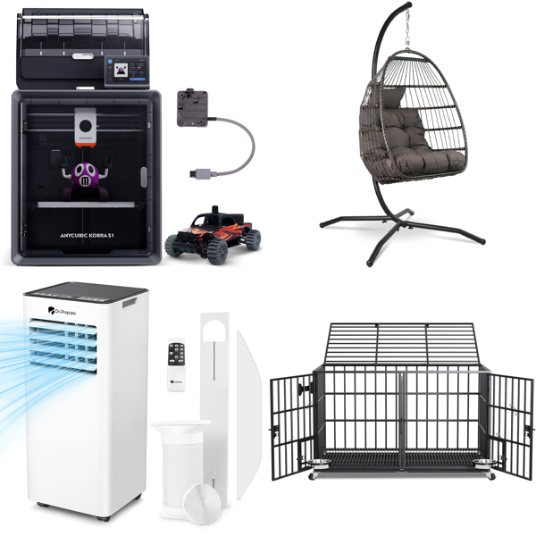 Source photograph for Pallet – Mixed Goods – 3D Printer, Portable Air Conditioner, Hanging Chair, Dog Crate, Gas Fire Pit Table
