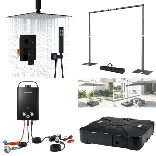 Source photograph for Pallet – Home & Garden – Shower System, Gas Water Heater, Tower Fan, Mirror, Lighting