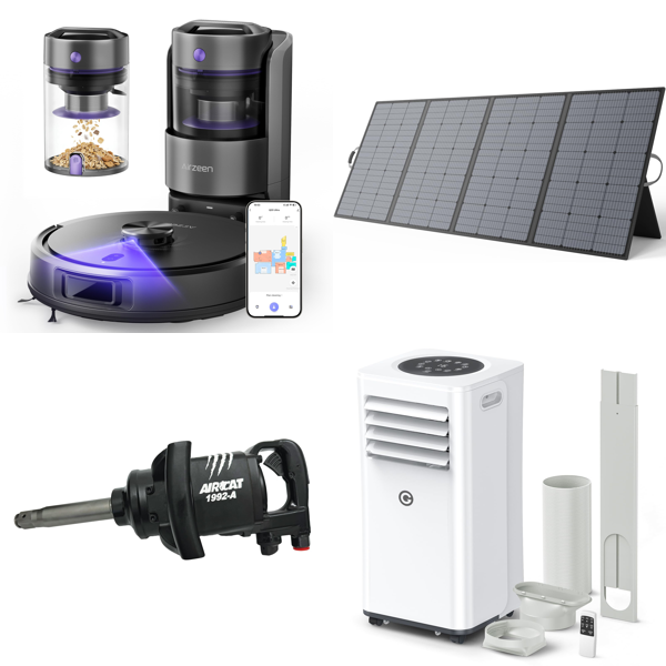 Source photograph for Pallet – Mixed Technology – Robot Vacuum Cleaners, Solar Panel, Air Conditioner, 3D Printer, Garden Tools