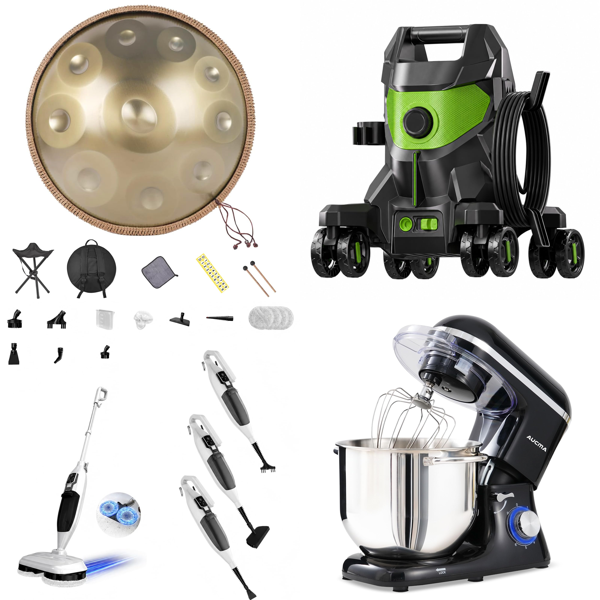 Source photograph for Pallet – Mixed Goods – Handpan, Steam Mop, Pressure Washer, Stand Mixer, Slow Juicer