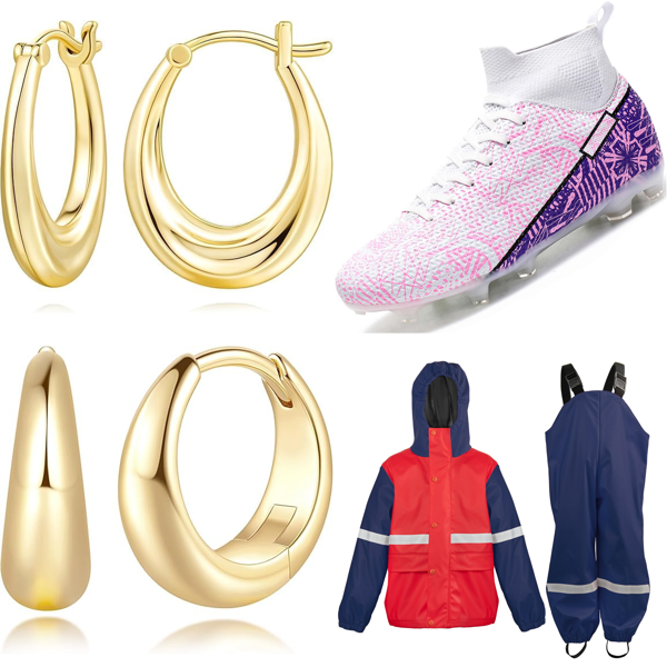 Source photograph for Pallet – Apparel, Footwear & Accessories – Gold Earrings, Football Boots, Rain Suits, Dresses, Ankle Boots
