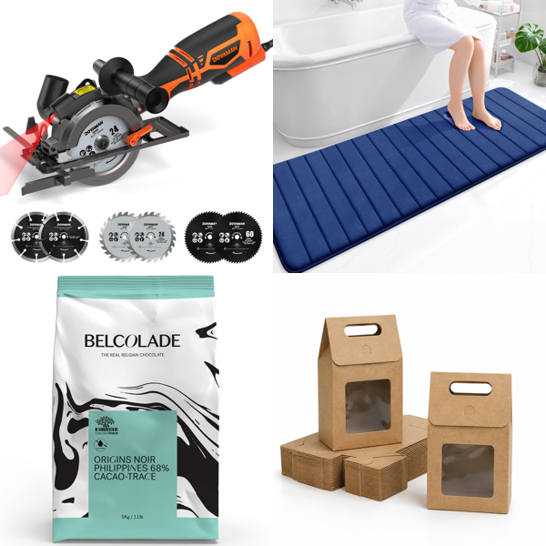 Source photograph for Pallet – Mixed Goods – Circular Saws, Chocolate, Bath Mats, Bags, Door Security
