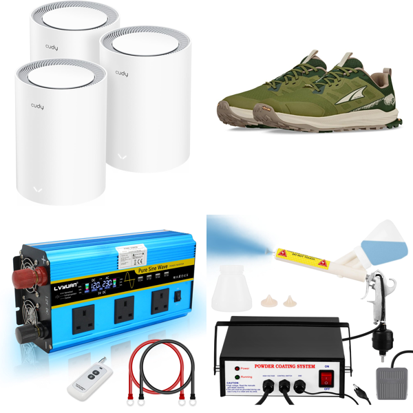 Source photograph for Pallet – Mixed Electronics & Equipment – Wi-Fi Mesh System, Power Inverter, Racing Wheel, Monitor Arm, CD Player